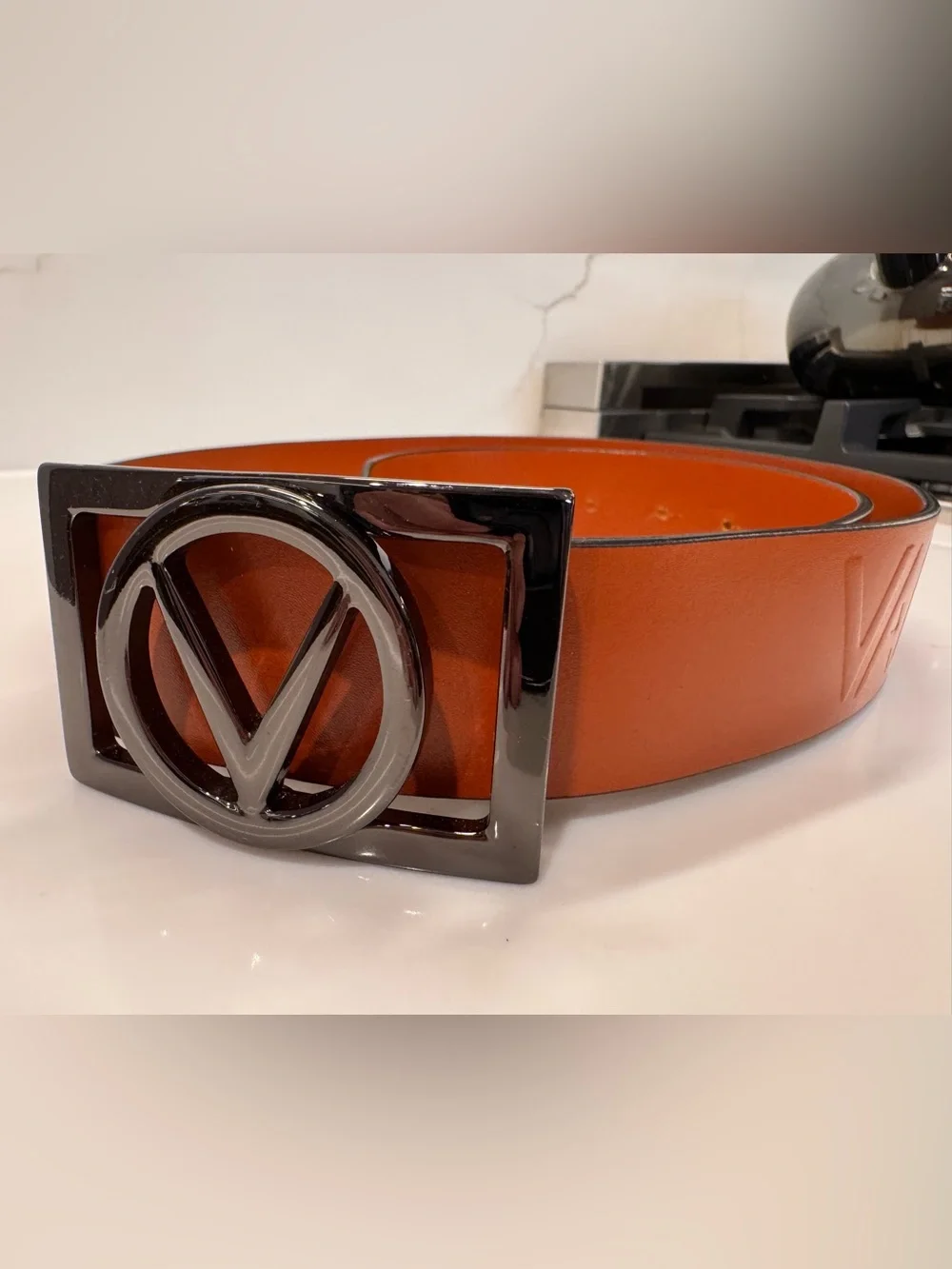 Valentino Orange Leather Belt with Signature V Buckle